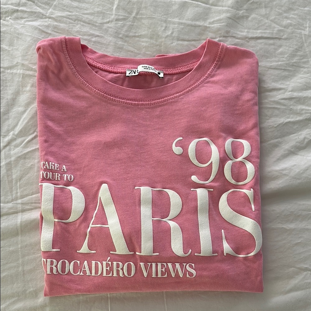 Zara Pink Short Sleeve Tee Retro Paris Graphic